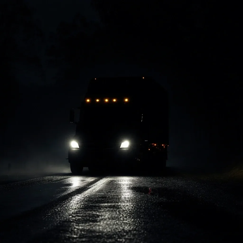 Dark highway truck with glowing marker lights